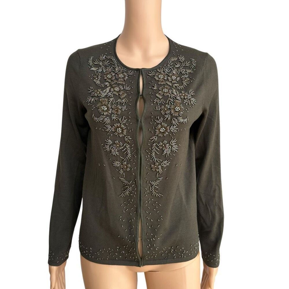 Ann Taylor silk/cotton blend olive green beaded cardigan size S